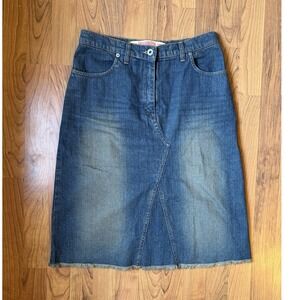 Essenza Blue Cotton Denim Knee Length Straight Skirt, Button, Pockets, 44